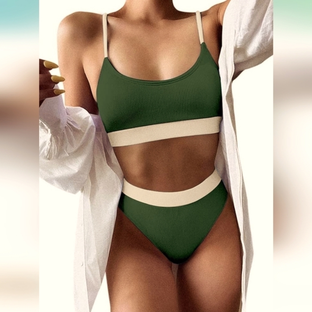 Lilosy Women's Olive/Cream Ribbed‎ Two-Piece Swimsuit High Waist Cheeky Bikini S